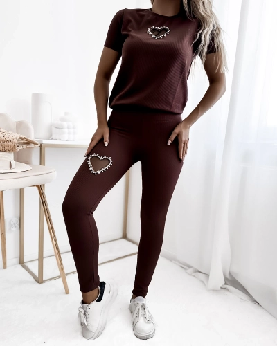 Royalfashion Темно-коричневый женский спортивный комплект с сердечками