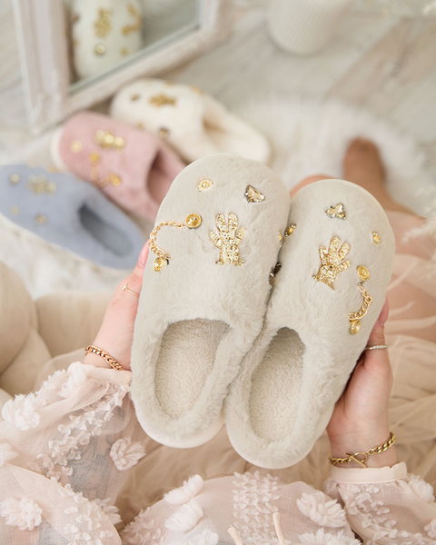 Royalfashion Бежевые женские меховые тапочки с орнаментом Erserra