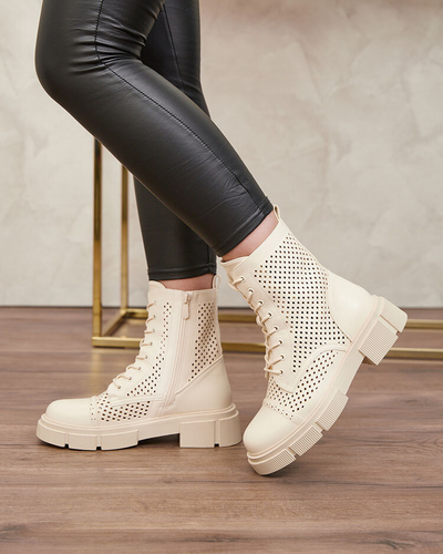 Openwork beige women's boots with flat heels Rolika - Footwear