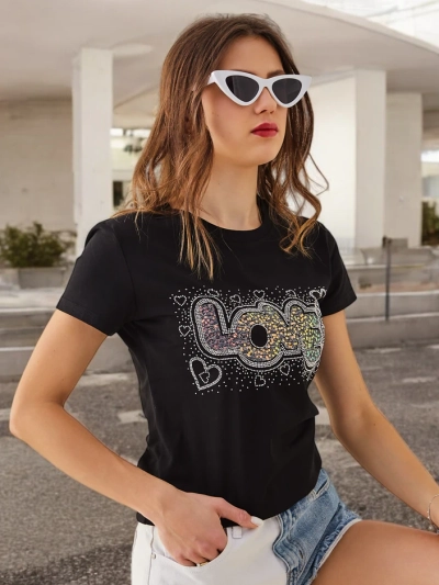 Royalfashion Cotton Women's T-shirt LOVE with rhinestones