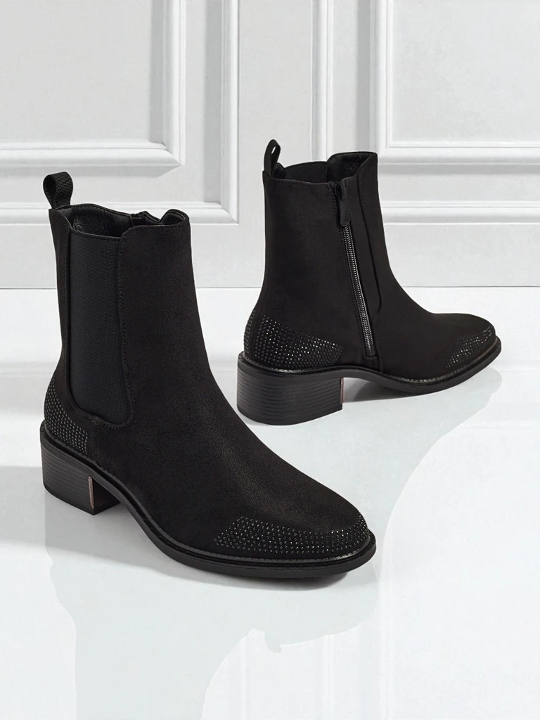 Women's Eco Suede Ankle Boots Decorated with Rhinestones TangleMist