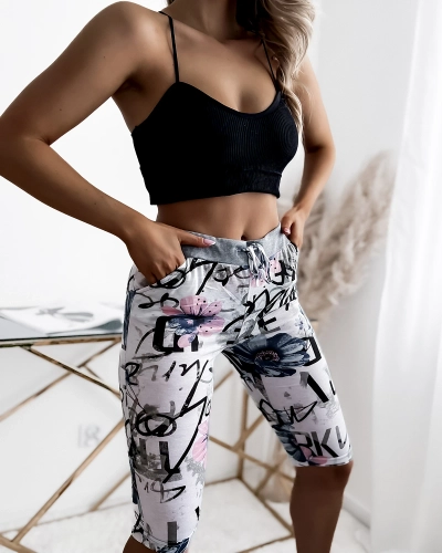 Valged ja sinised 3/4 naiste lühikesed püksid trükiga PLUS SIZE - Riietus