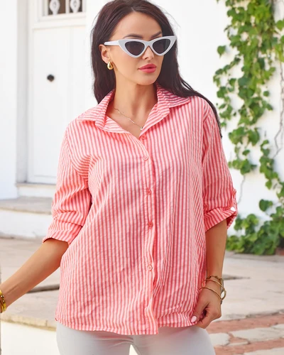 Royalfashion Women's striped cotton shirt with tie at the bottom