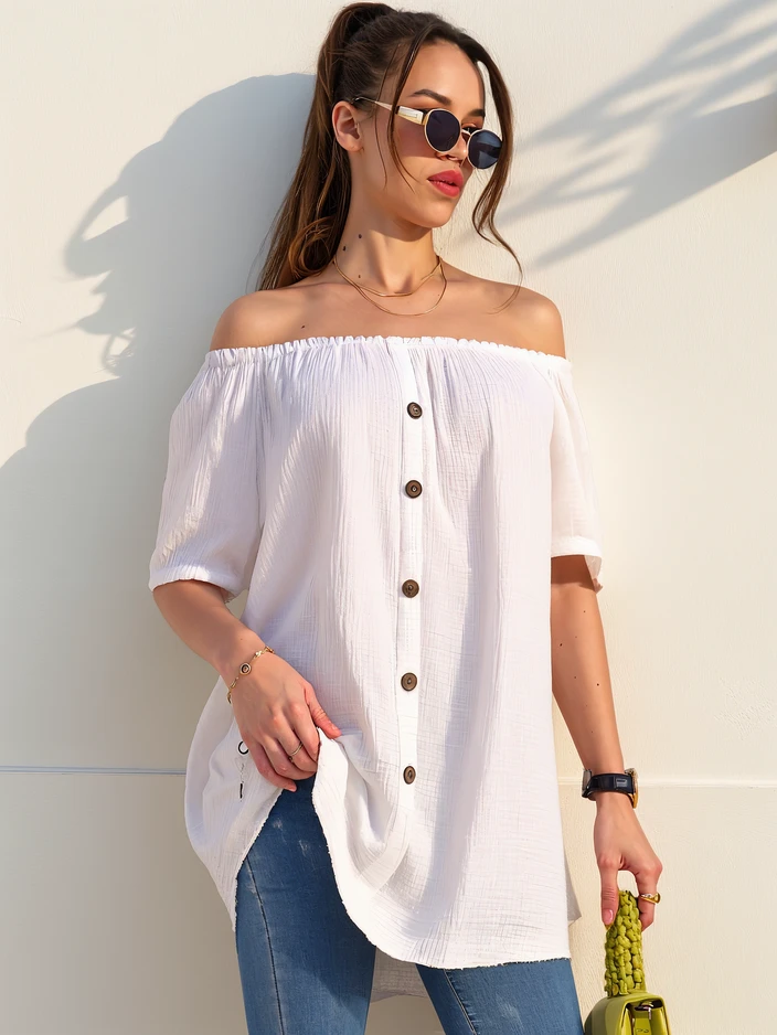 Блузка Royalfashion из хлопка в испанском стиле с декоративными пуговицами