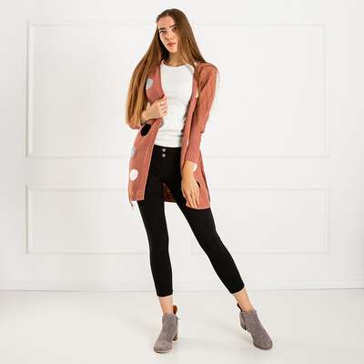 Dark pink women's tied cardigan with colored circles - Clothing