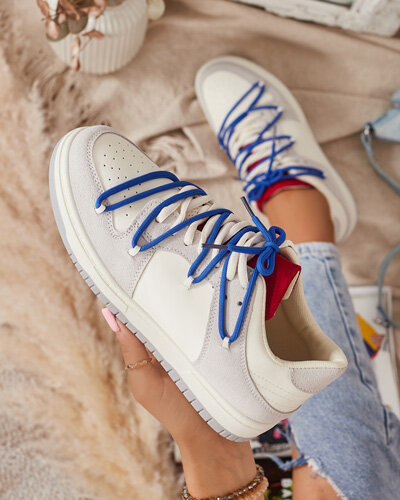 White-gray women's sports sneakers with navy blue laces Olierinc - Footwear