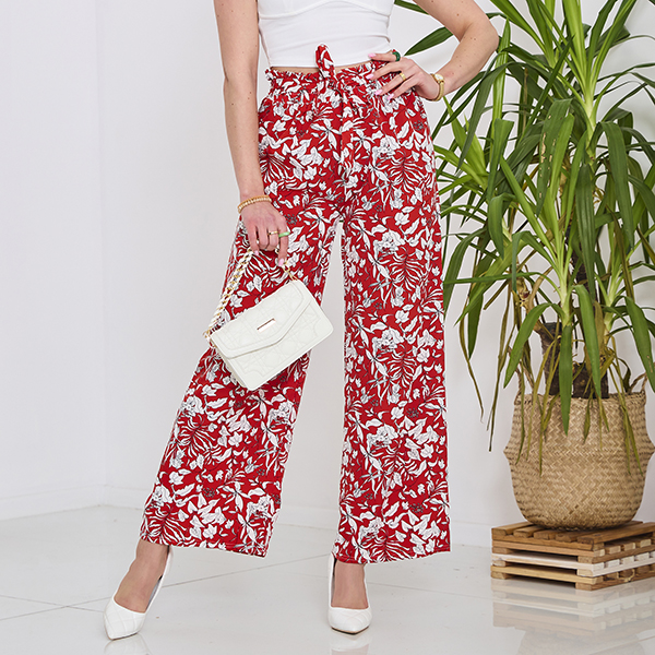 Women's red palazzo pants with white flowers - Clothing
