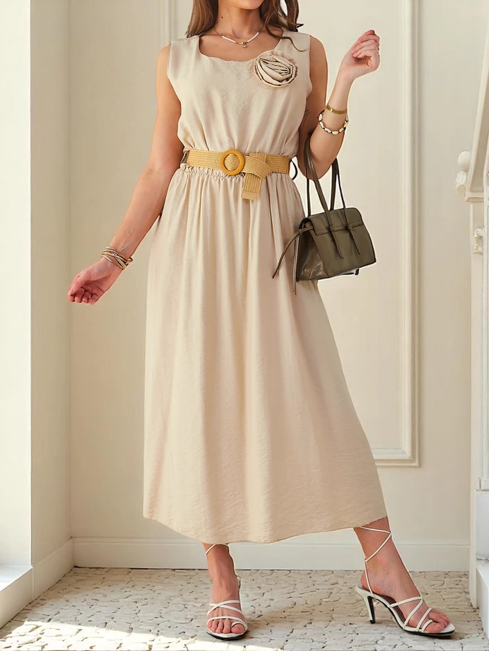 Royalfashion Women's midi dress with straps, featuring a round neckline with decorative flower