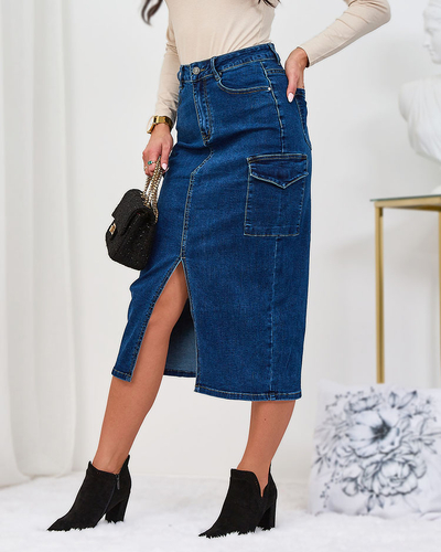Royalfashion Navy blue denim women's skirt with buttons