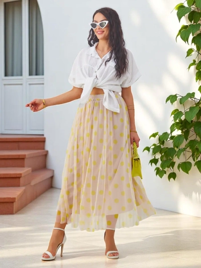 Royalfashion Women's midi skirt made of viscose with tulle in polka dots