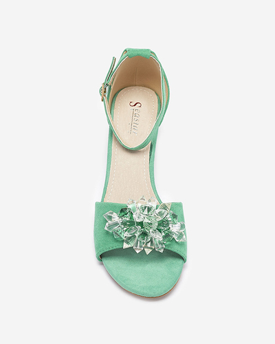 Green women's sandals on a post with decorative crystals Cerosso- Footwear