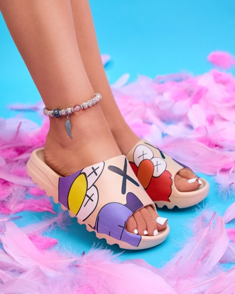 Beige rubber women's slippers with Pfizz print - Footwear