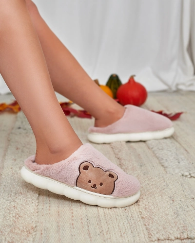 Royalfashion Women's furry slippers with teddy bear in pink Fetemes