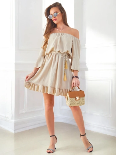 Royalfashion Женское мини-платье с открытыми плечами, длинными рукавами и стразами