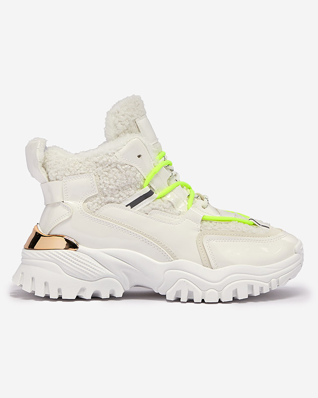 Valged naiste spordijalatsid karusnaha ja neoonroheliste pitsidega Sagglo- Footwear