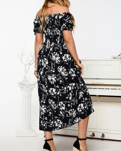 Black women's midi dress with floral pattern - Clothing