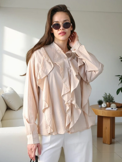 Royalfashion Cotton shirt decorated with ruffles and buttoned