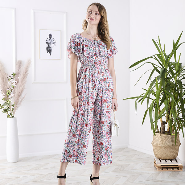 White and pink long floral patterned women's jumpsuit - Clothing