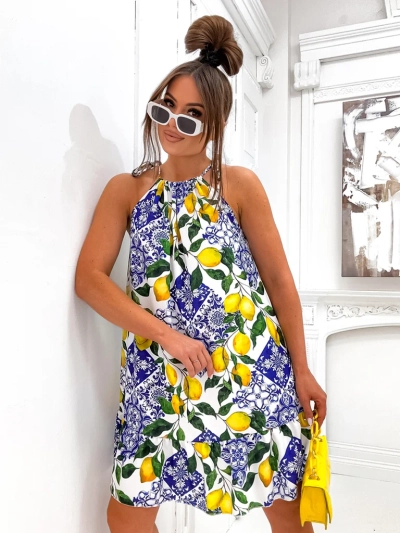 Royalfashion naiste mini-kleit spagettirihmade ja vööpaelaga, millel on trendikad sidrunid