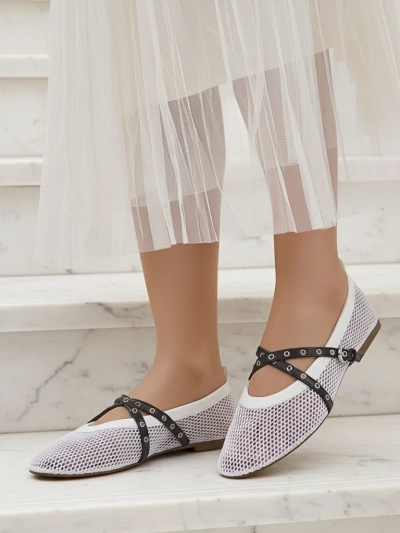 Royalfashion Calista Bianca Ballet Flats – Women's White Mesh Shoes with Black Straps