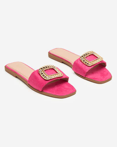 OUTLET Fuchsia women's eco-suede flip-flops with gold buckle Lozi- Footwear