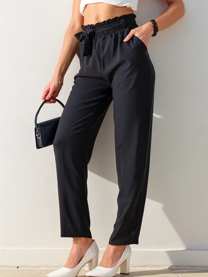 Royalfashion Simple women's fabric pants with belt