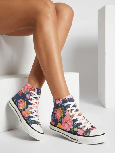Royalfashion Women's high navy blue sneakers with Fahenna colorful floral print