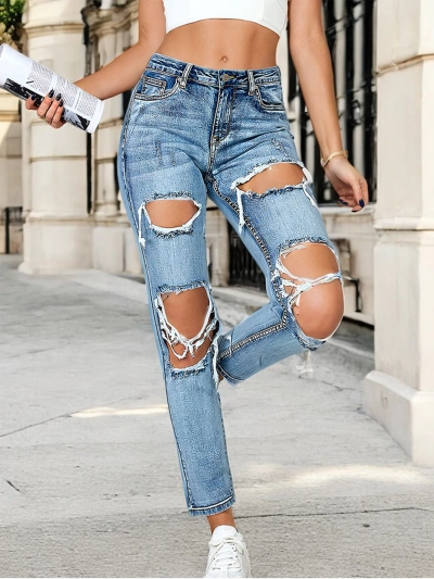 Royalfashion Женские джинсы-трубы с потертостями