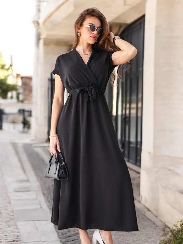 Royalfashion Women's midi dress with a wrap neckline, short sleeves, and a belt