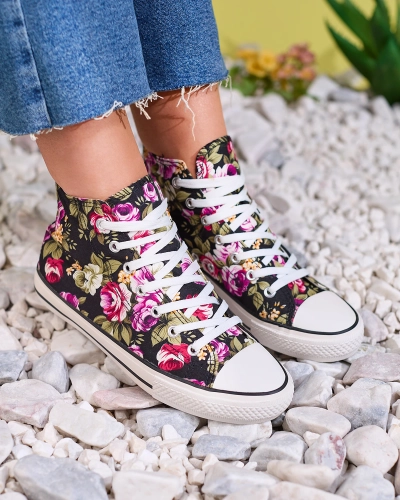 Royalfashion Женские высокие черные кеды с цветочным узором Soxic