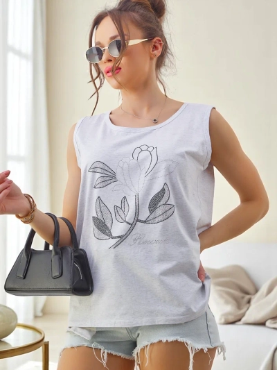 Royalfashion Cotton women's sleeveless top with rhinestones FLOWERS