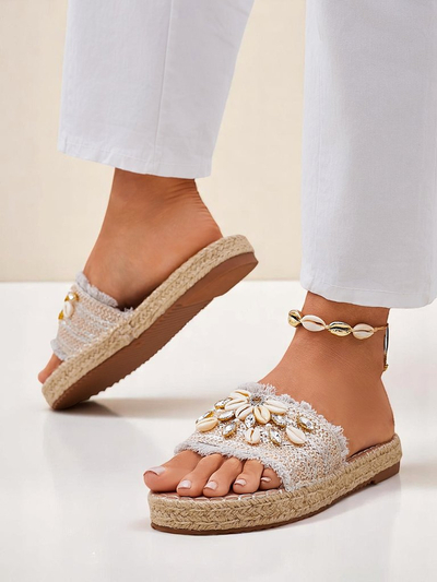 Royalfashion Perseida women's sandals silver with shells on a flat sole