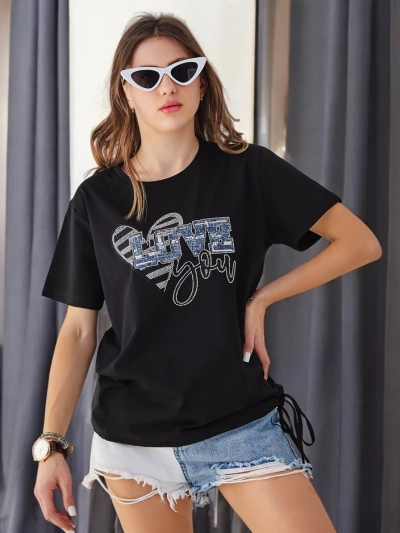 Royalfashion Women's Cotton T-shirt LOVE with rhinestones