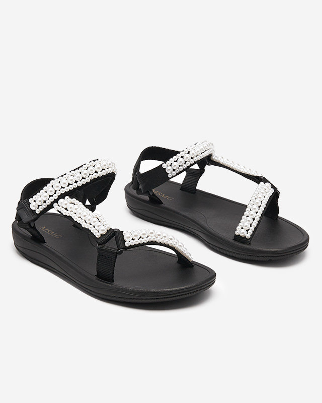 Black women's sports sandals with Dotiss pearls- Footwear