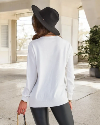 Royalfashion White women's sweater with heart neckline