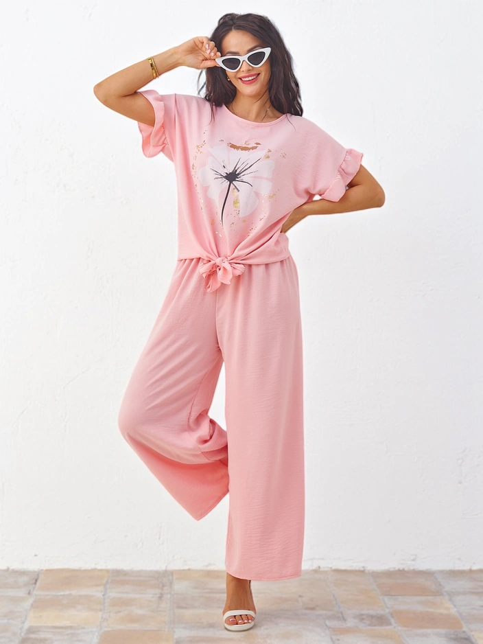 Royalfashion Women's casual set with a short-sleeved blouse and wide pants