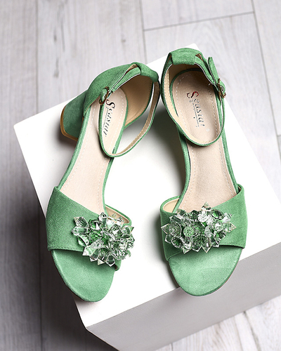 Green women's sandals on a post with decorative crystals Cerosso- Footwear