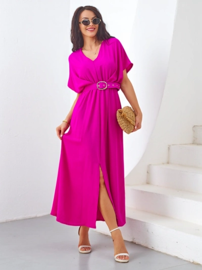 Royalfashion Women's midi dress with short sleeves, V-neck and a center slit