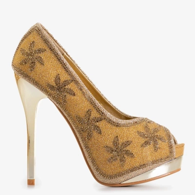 OUTLET Gold brocade women's stilettos with zircons Yilla - Footwear