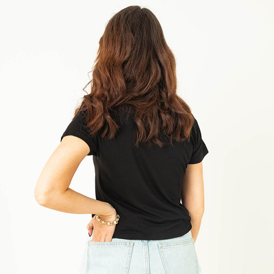 Black ladies t-shirt with sequin text - Clothing