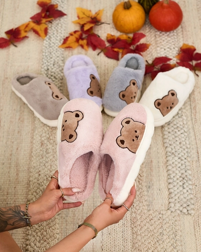 Royalfashion Женские меховые тапочки с мишкой розового цвета Fetemes