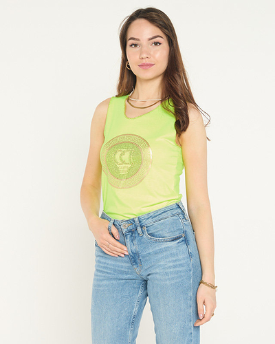 Yellow neon blouse on straps with print and cubic zirconia - Clothing