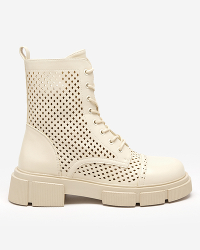 Openwork beige women's boots with flat heels Rolika - Footwear