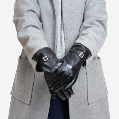 Black classic women's eco-leather gloves with buckle - Accessories
