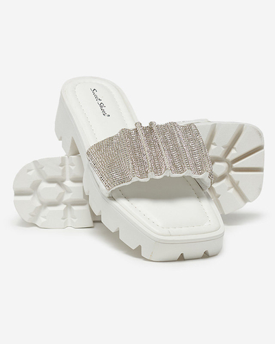 White women's slippers with cubic zirconia Emkoy - Footwear