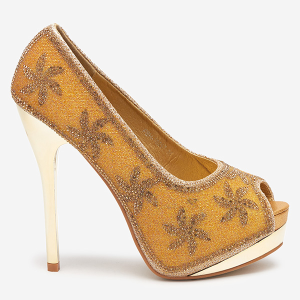 Gold brocade women's high heels with cubic zirconia Yilla - Footwear