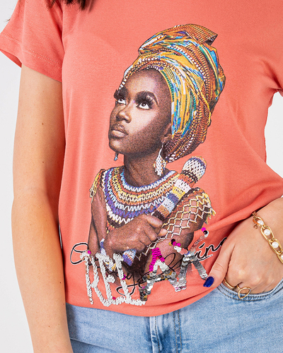 Orange women's t-shirt with colored print and sequins - Clothing