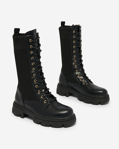 Royalfashion Ажурные черные женские сапоги на плоском каблуке Kaliffo