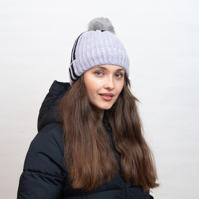 Gray insulated beanie with white stripes and pompom - Accessories