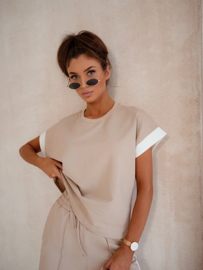 Royalfashion Naiste puuvillane komplekt lühikeste varrukatega ja laienevate pükstega